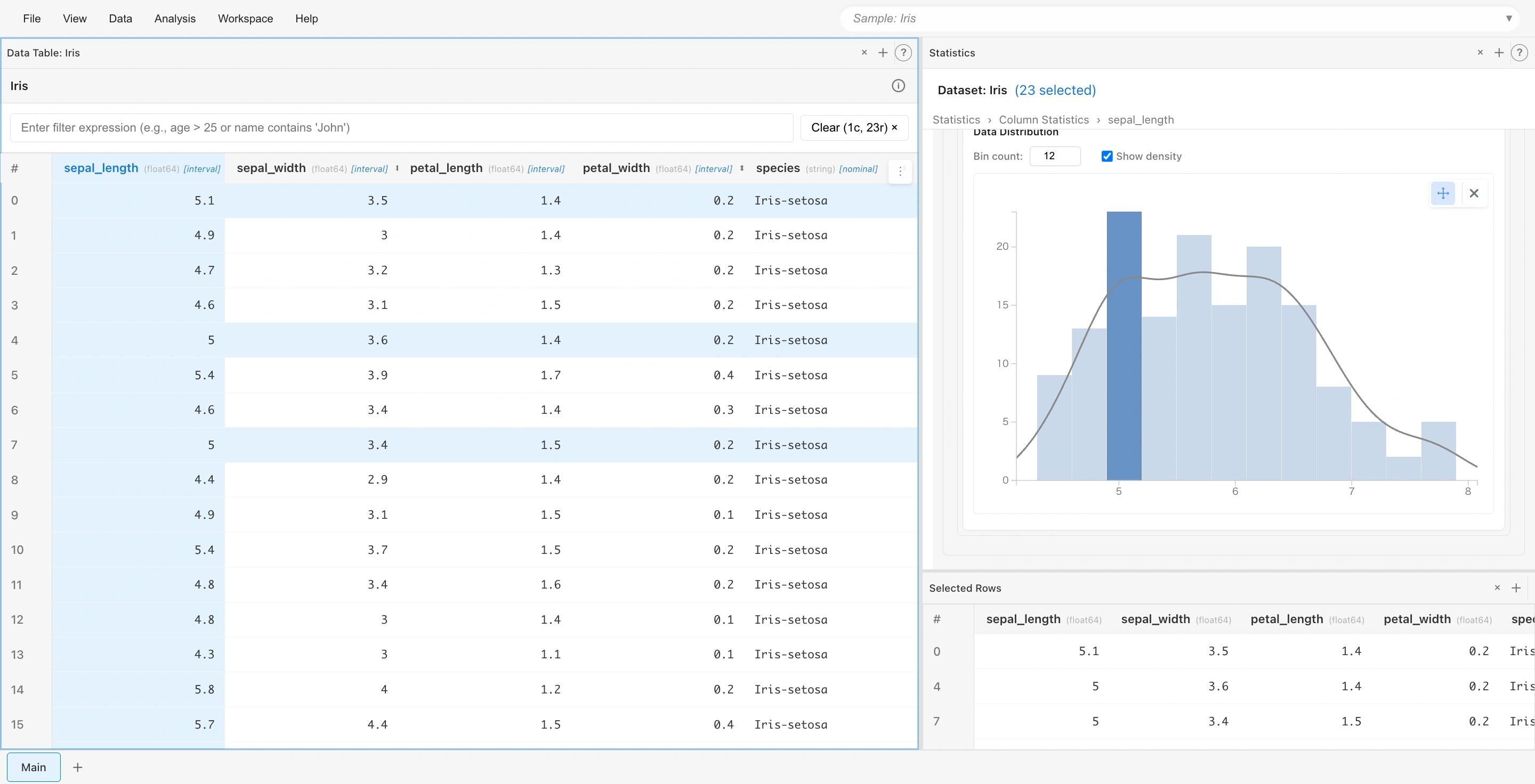 Selected row details in Selected Rows tab: row data from histogram selection displayed in tabular format