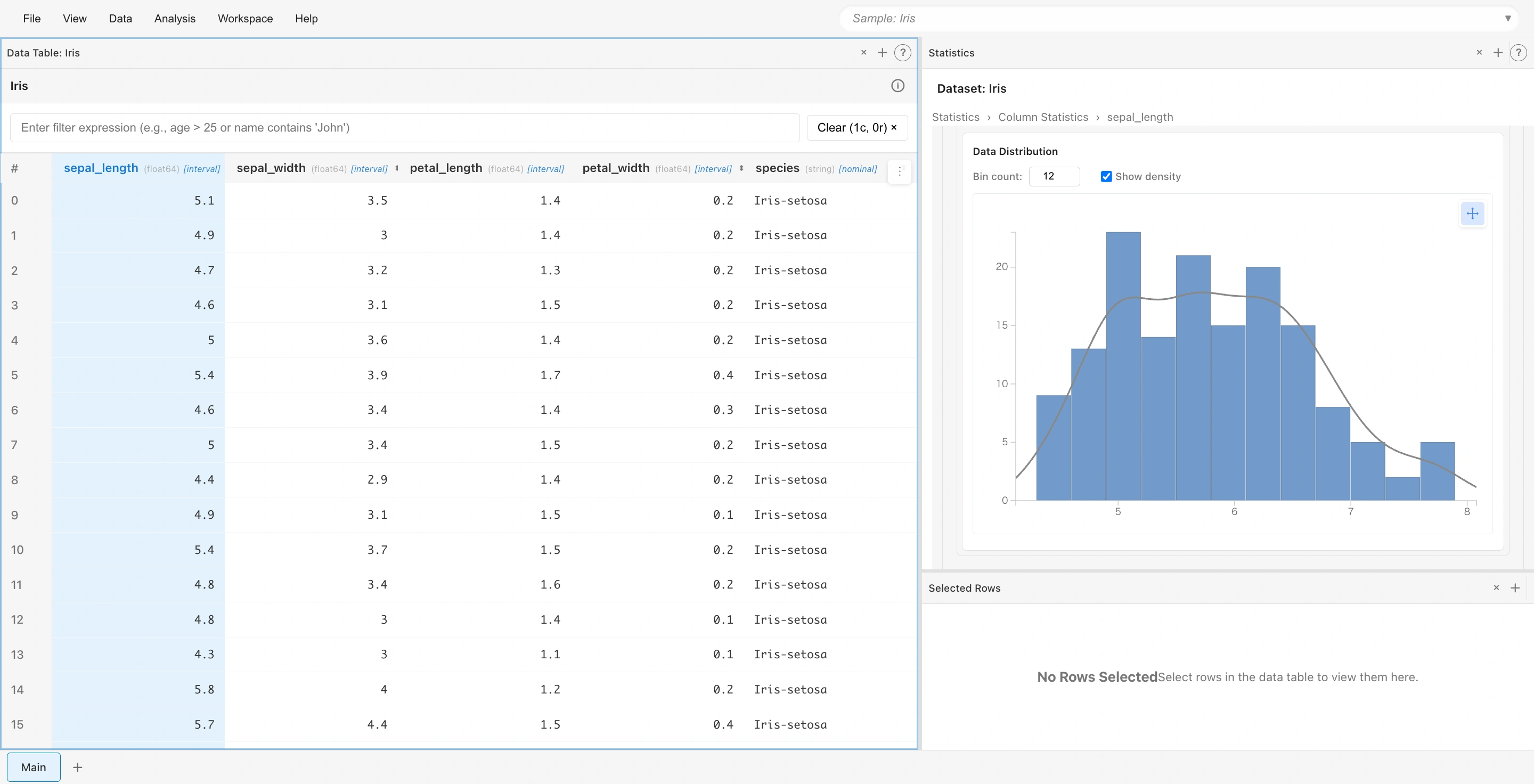 Histogram and density curve in Statistics tab: visualizing the distribution of sepal_length data