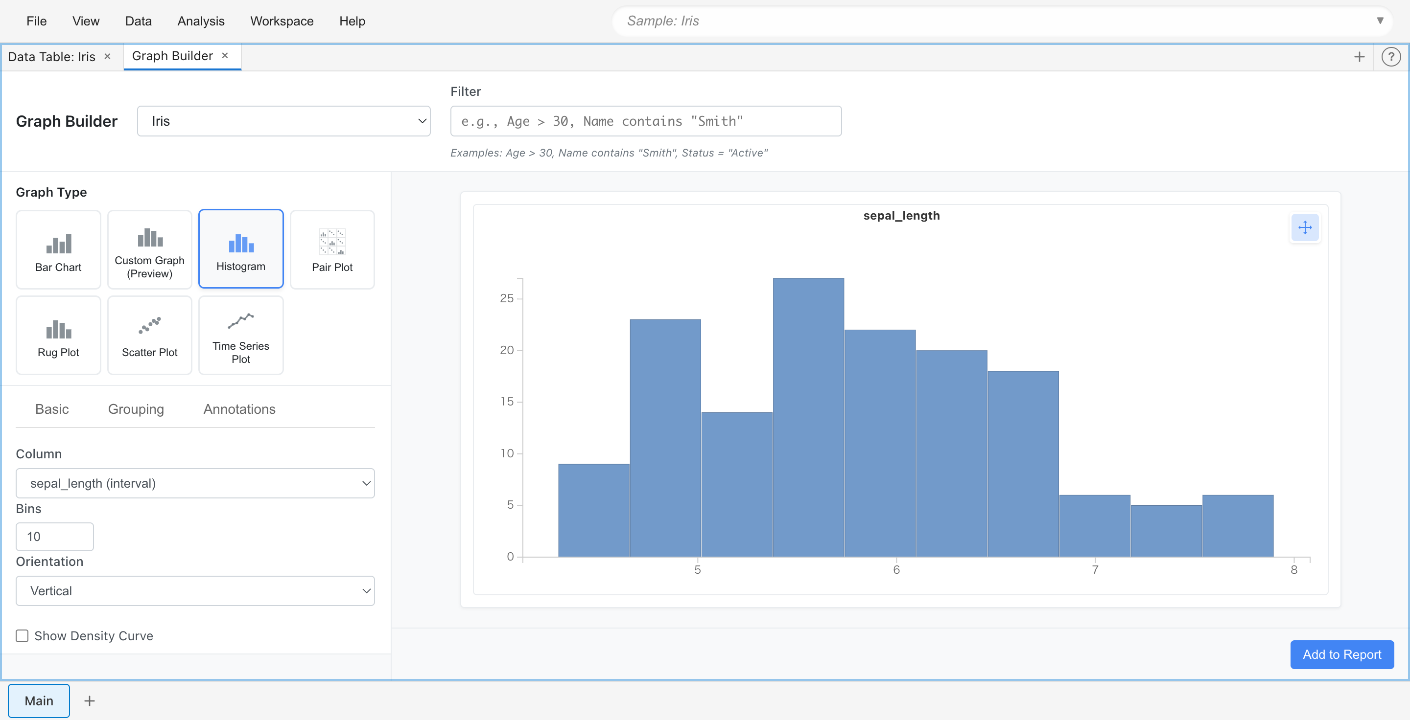 Histogram of numeric variable distribution created with MIDAS: displays data frequency per bin and visualizes distribution shape and outliers