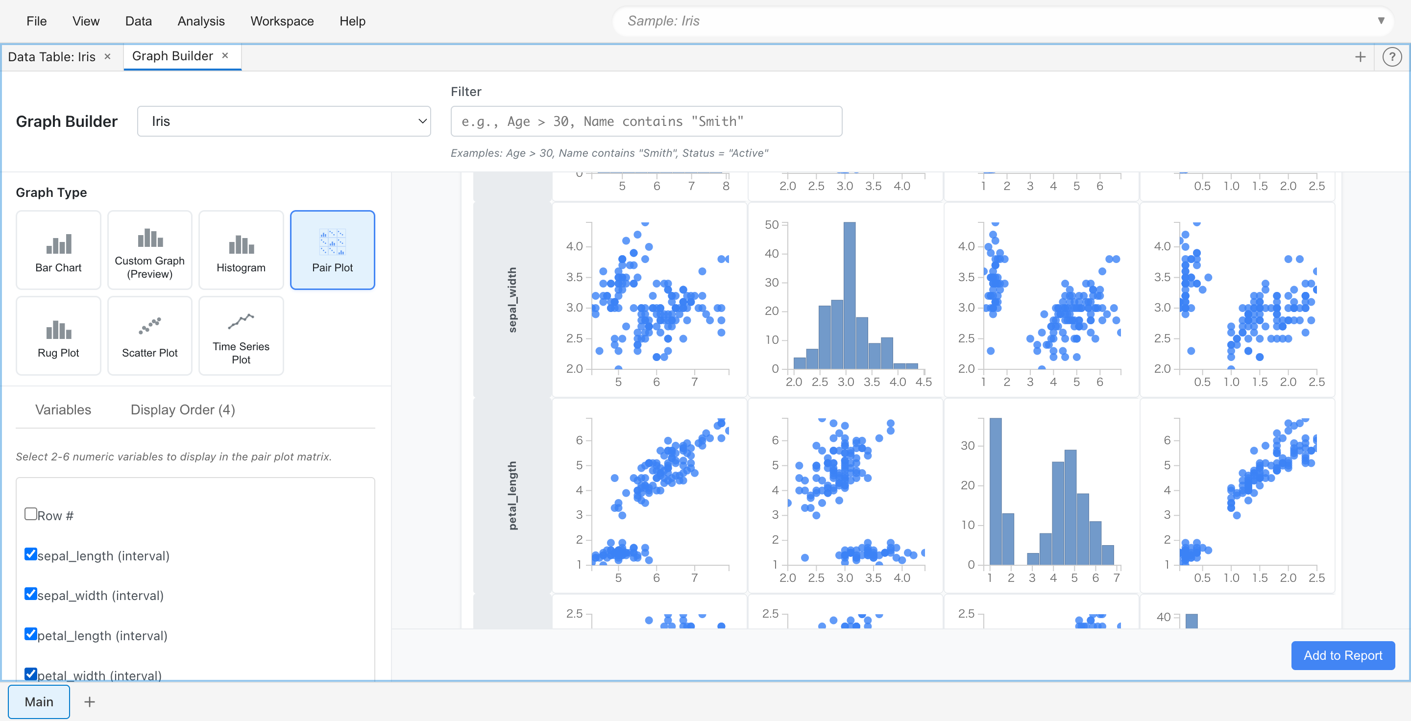 MIDAS Pair Plot: displays pairwise relationships between multiple numeric variables as scatter plot matrix. Shows distribution of each variable on diagonal, allowing simultaneous confirmation of multivariate correlations