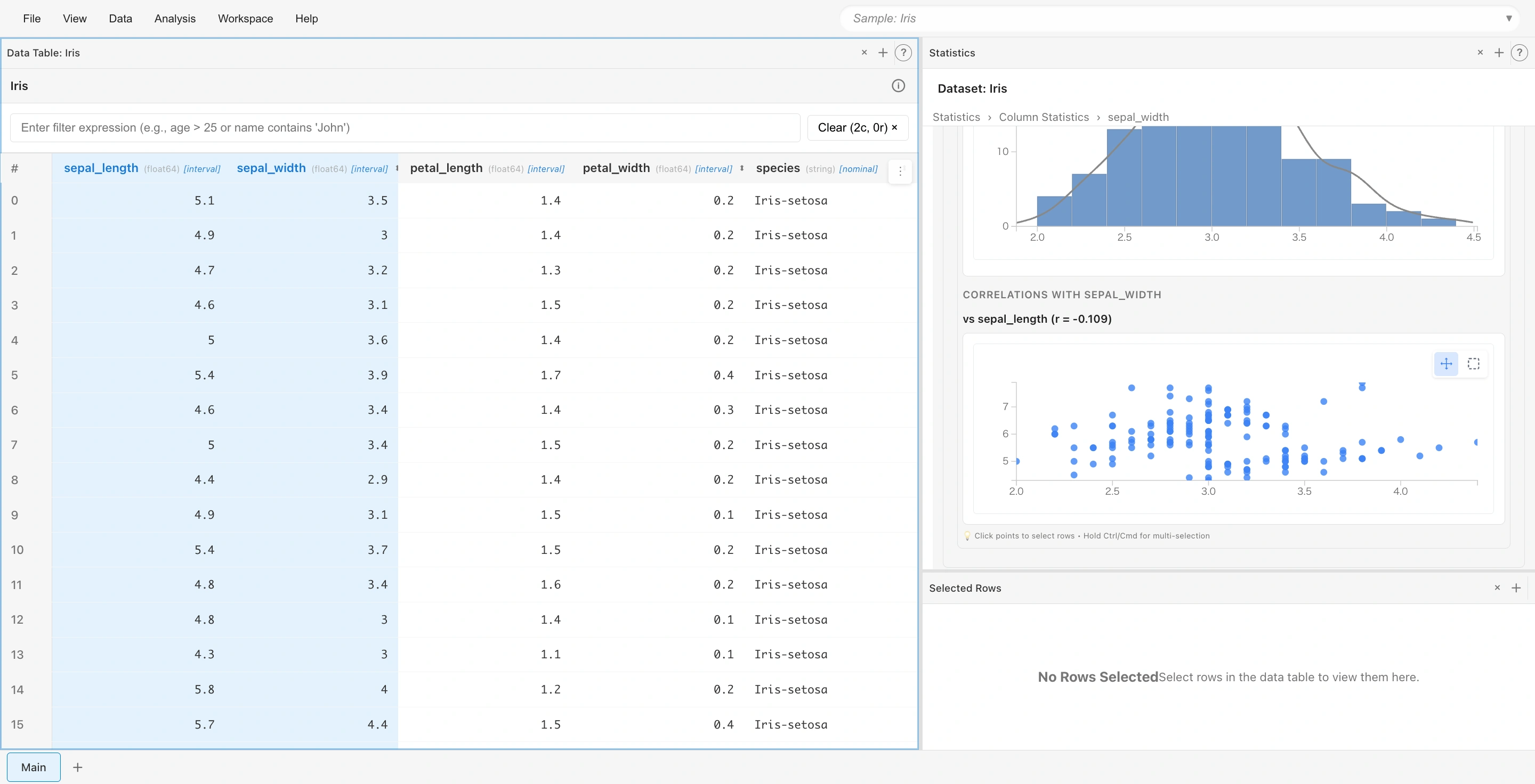 Statisticsタブに自動表示された散布図:sepal_lengthとsepal_widthの相関を可視化、相関係数も表示